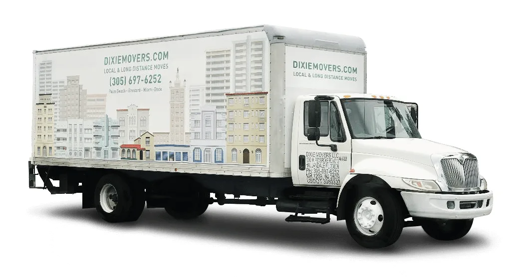 Dixie Movers box truck with DIXIEMOVERS.COM, (305) 697-6252 and Miami skyline artwork